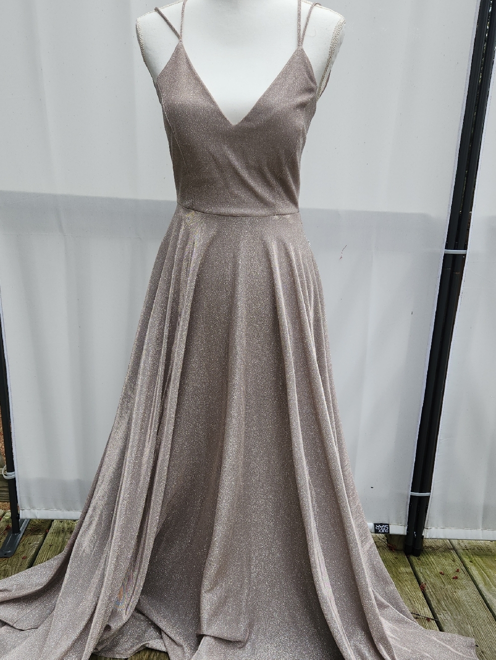 Elegant Taupe Glitter Spaghetti-Strap Evening Prom Dress Lace-up Back